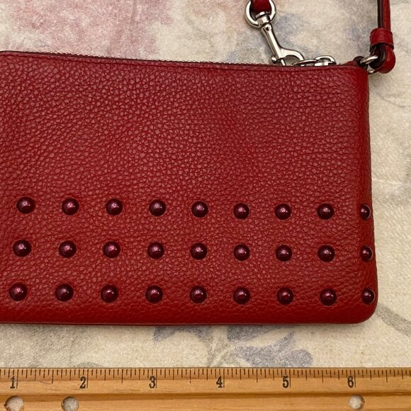 Nice COACH Leather Wristlet w/Studs 2 CC Slots Inside Red 6" x 4" Brand New - Picture 2 of 6